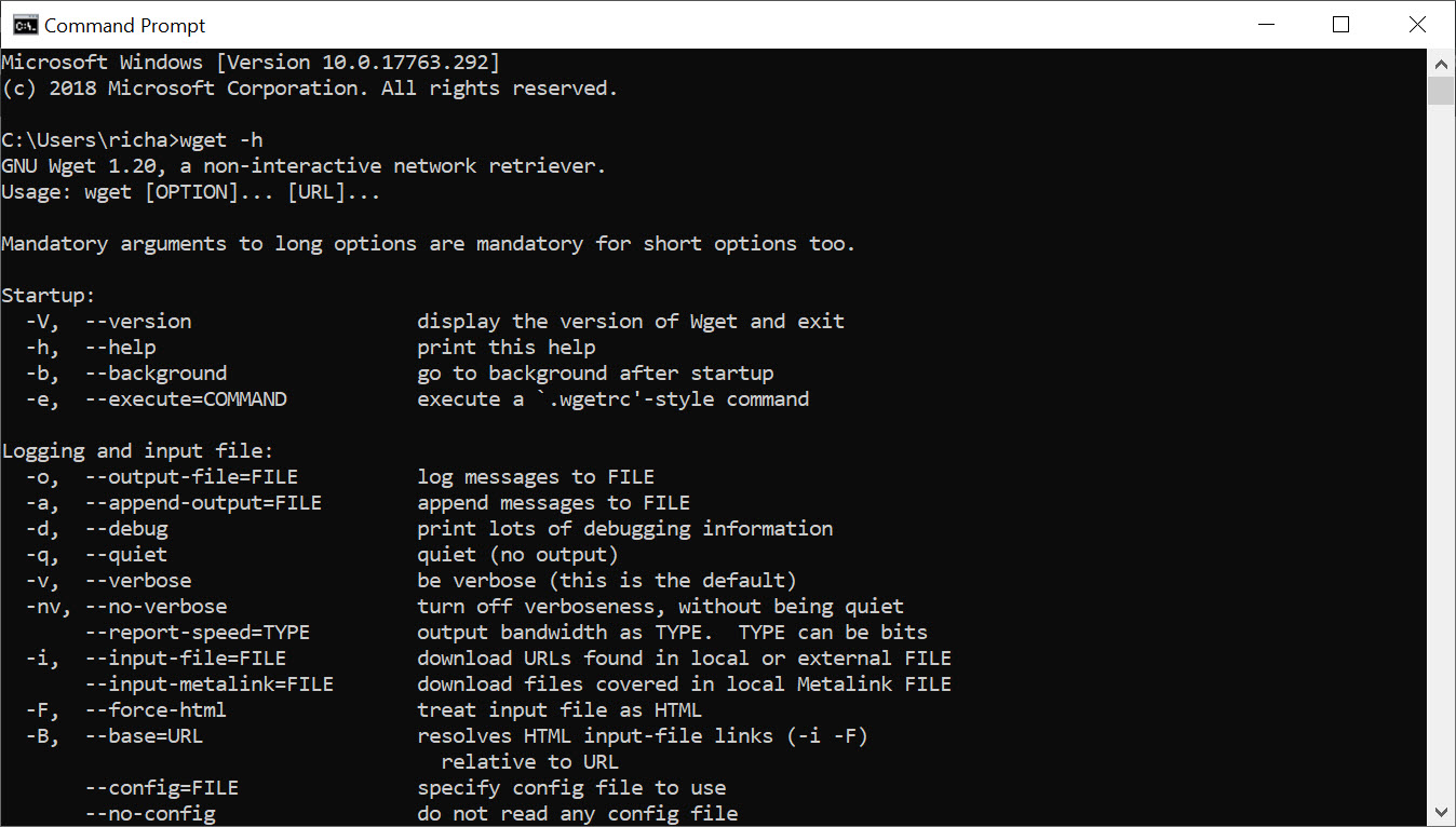 A successful installation of WGET in Windows