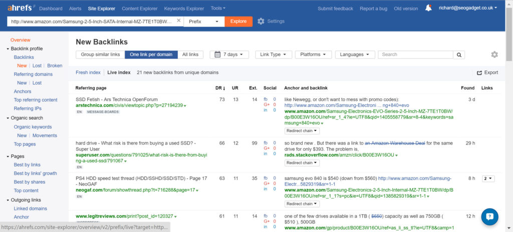 Use aHrefs for your link analysis. Consistently the best tool for the job