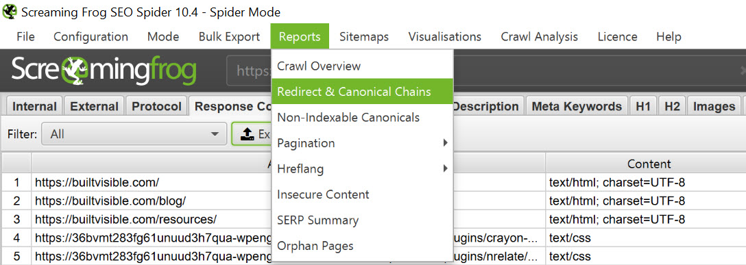 the redirect chain export in screamingfrog