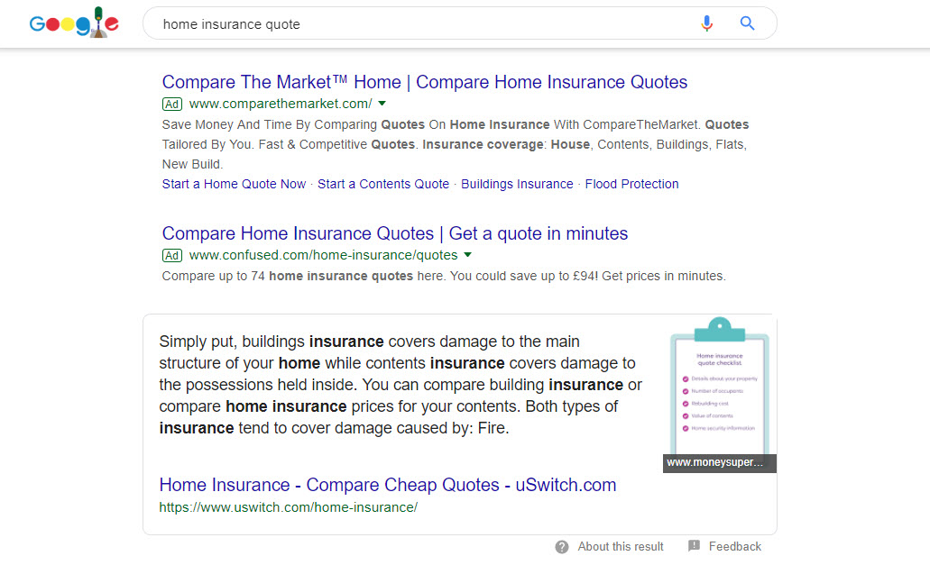 featured snippet for home insurance in google result