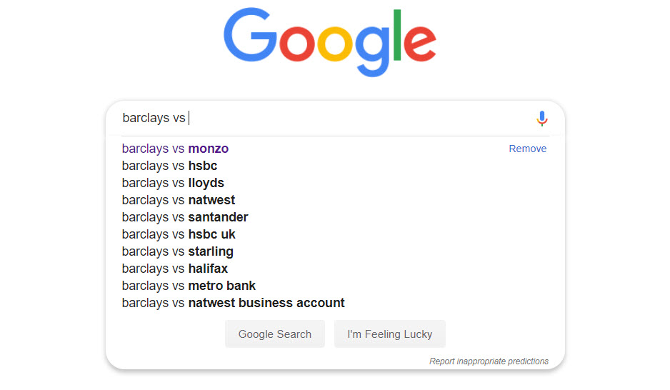 barclays vs monzo - a google suggest result