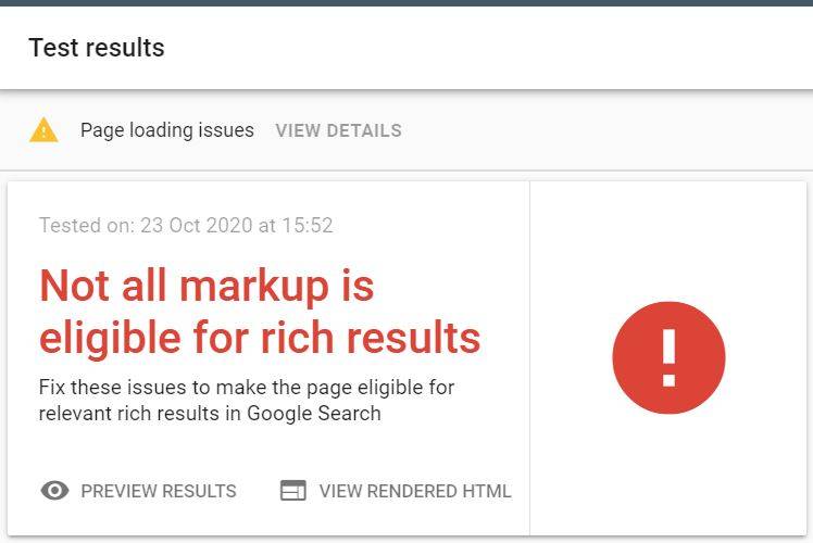 Markup not eligible for rich results warning