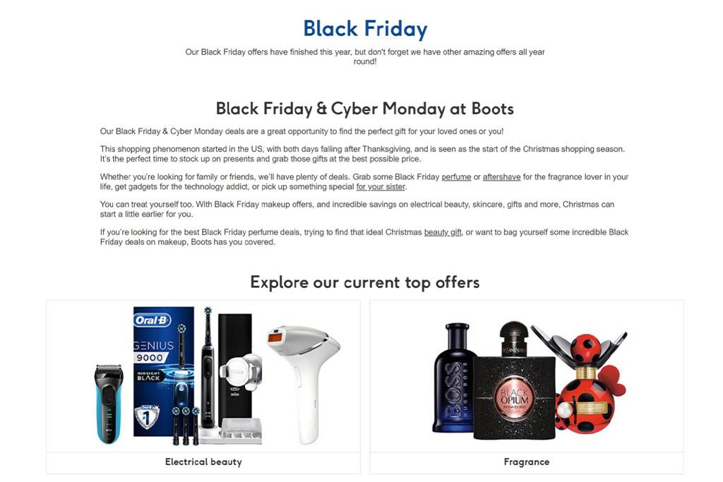 How to maximise Black Friday links for ongoing results_Boots BF page image