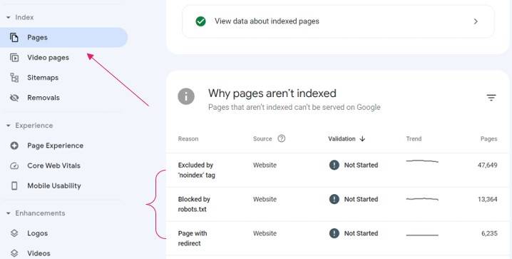 Screenshot of Google Console reporting indexing errors